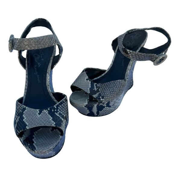 Alice + Olivia Jana Gray Black Snake Skin Leather Open Toe Wedge Sandals Size 39 - Picture 1 of 11